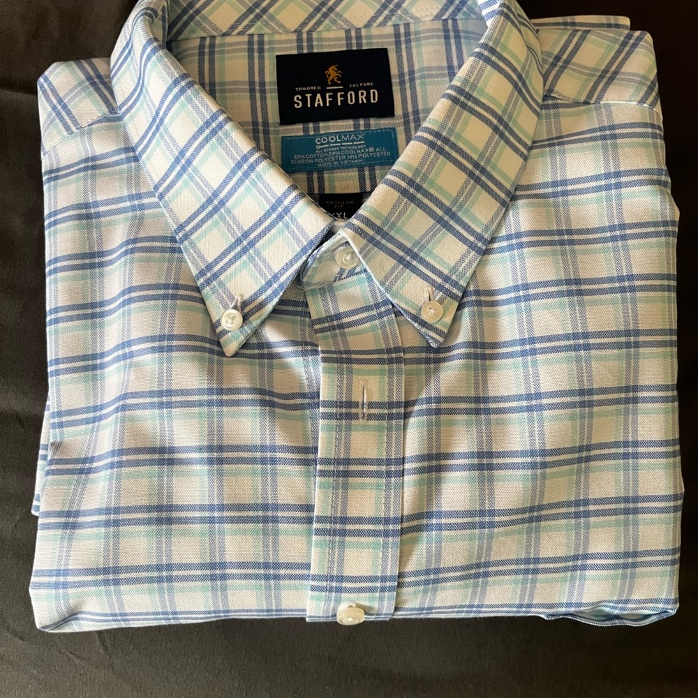 Stafford Blue and White Dress Shirt Classic Plaid Design